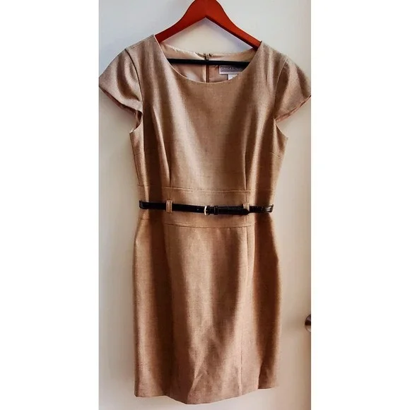 Jessica Howard Dress 12 Brown Belt Cap Sleeve Tweed Tan/Brown Sheath Poly Lined - Picture 3 of 13
